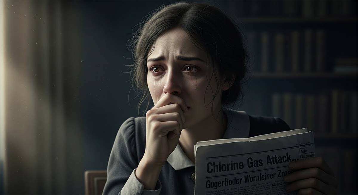 Woman reading a newspaper headline about a chlorine gas attack, looking distressed.