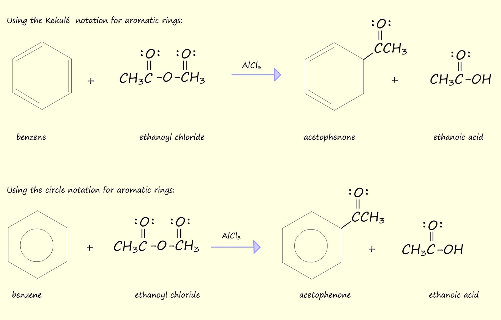 Eqiation to Friedel-Crafts acylation using an acid anhydride as the acylating agent, reaction produces acetophenone from benzene and ethanoic anhydride