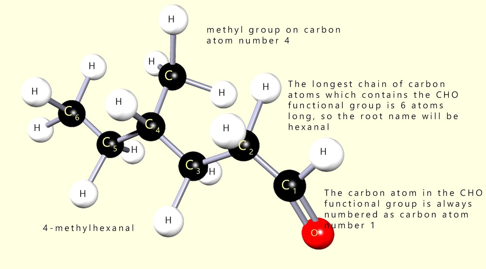 3d model of a substituted aldehyde molecule with details on how to name substituted aldehydes-3d model of 4-methylhexanal.