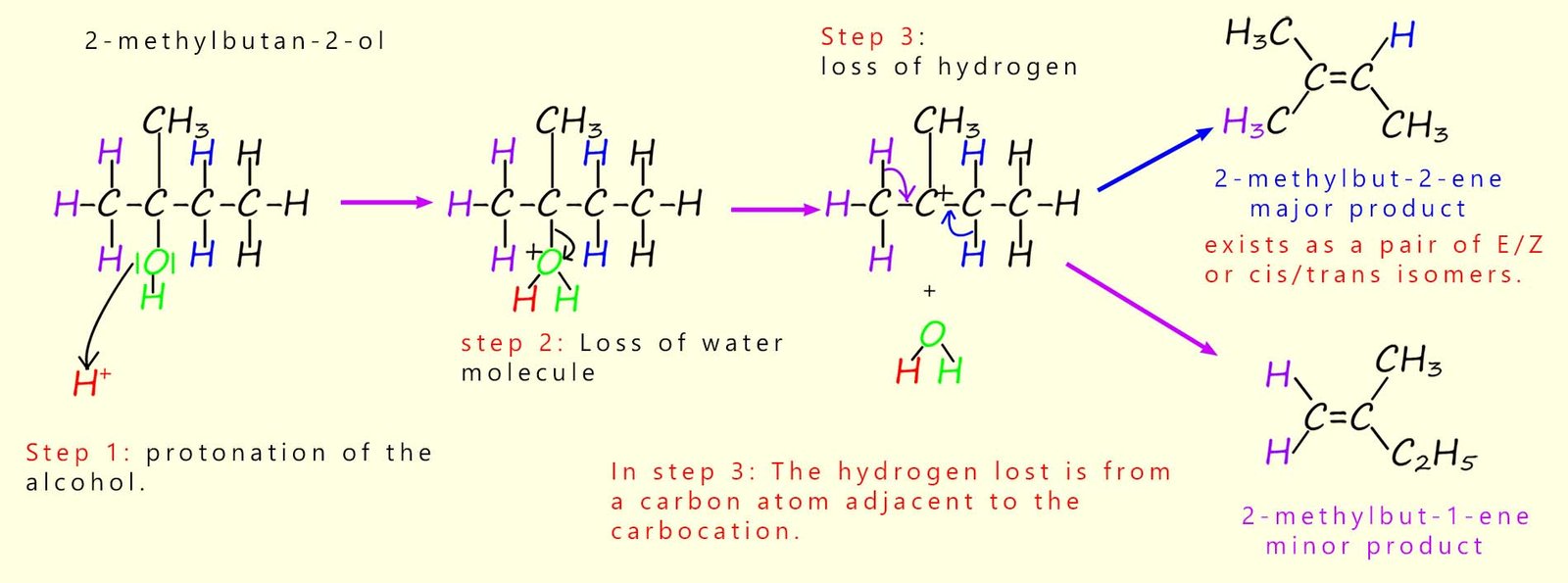Mechanism of the dehydration of an unsymmetrical alcohol will give a mixture of products