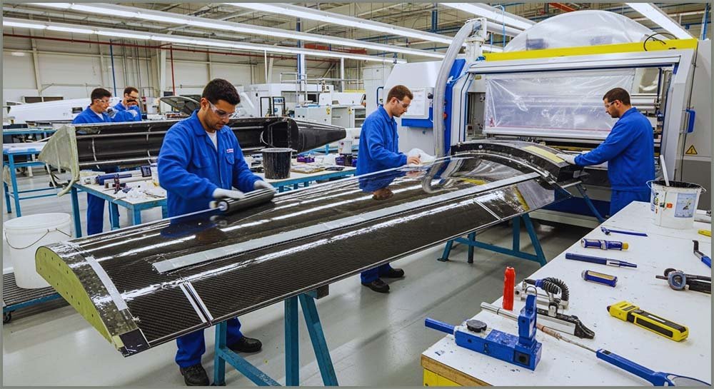 Carbon fibre composite weave is used to manufacture aeroplane parts.