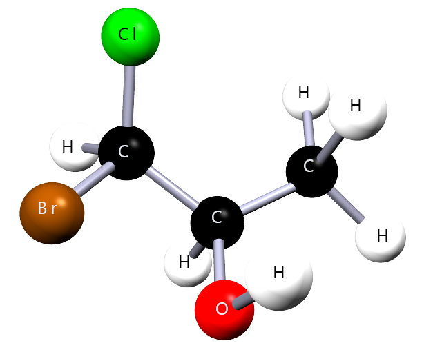 3D model of 1-bromo-1-chloropropan-2-ol.