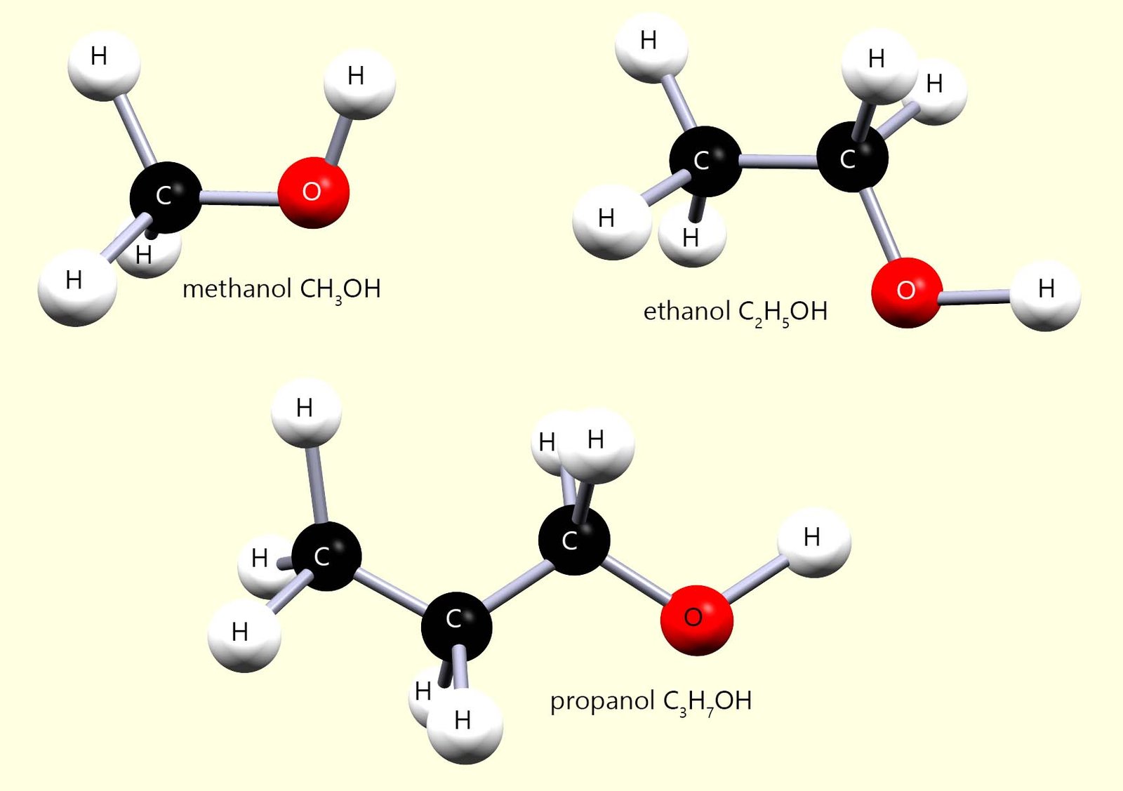 3d images of the first 3 alcohols, methanol, ethanol and propanol
