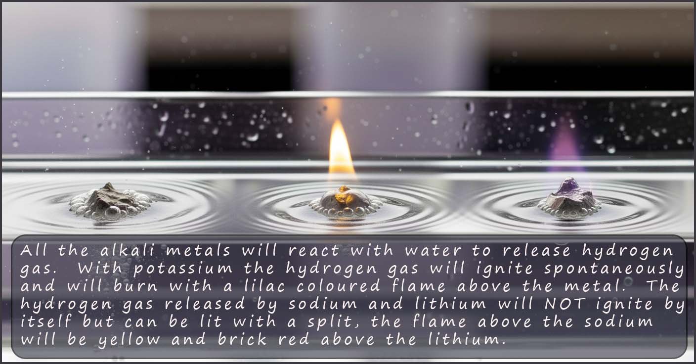 alkali metals reacting with water, image shows the colour of the flame produced when potassium, lithium and sodium react with water.
