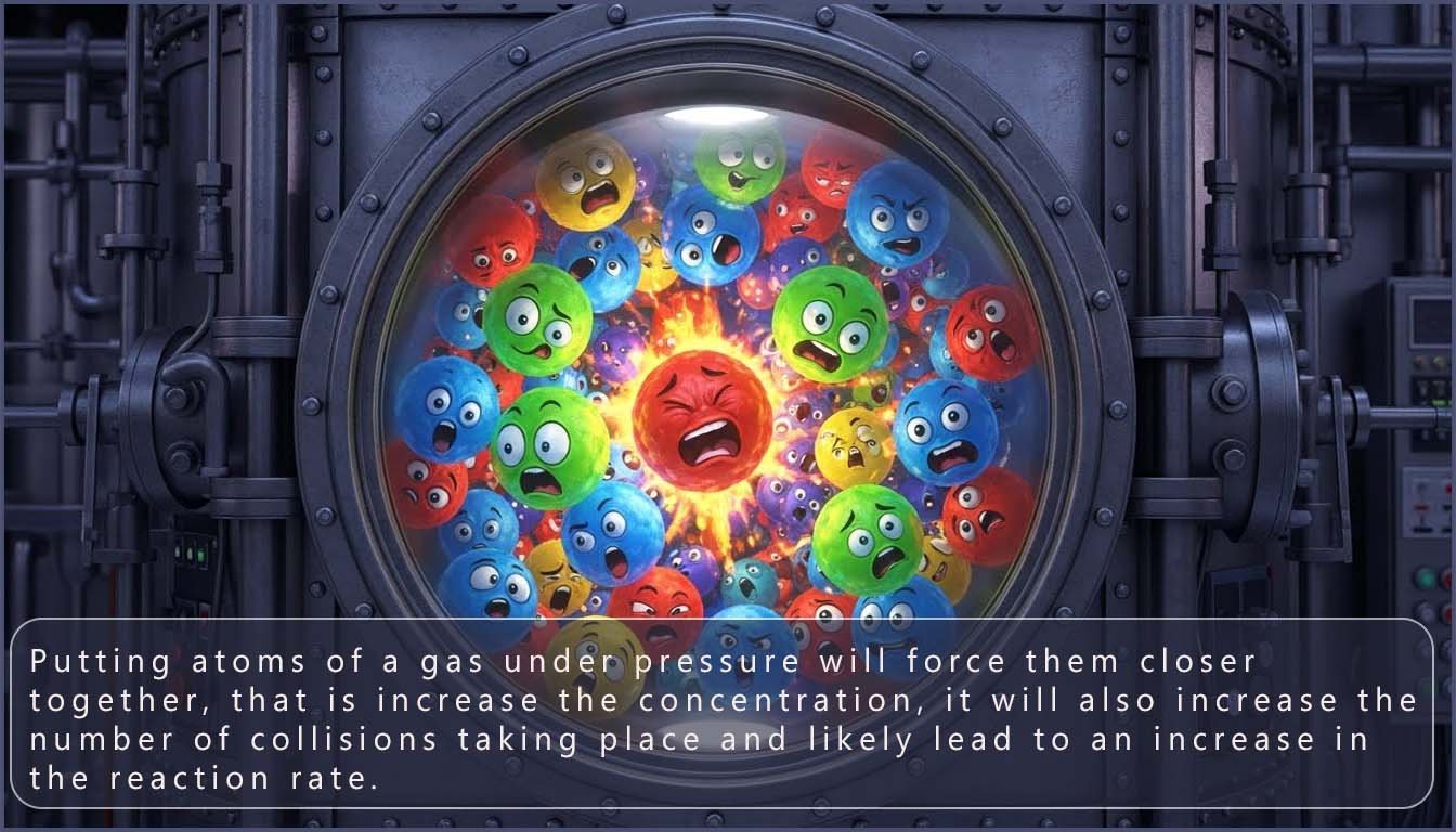 Gas particles closer together at high pressure inside a container