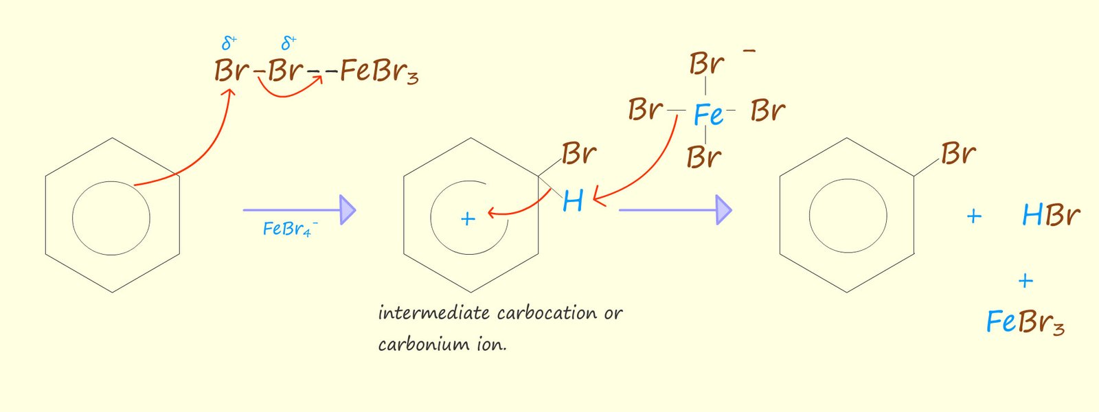 Mechanism for the bromination of benzene using circle notation structures for benzene