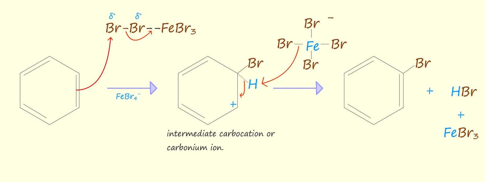 Mechanism for the bromination of benzene using Kekulé structures for benzene