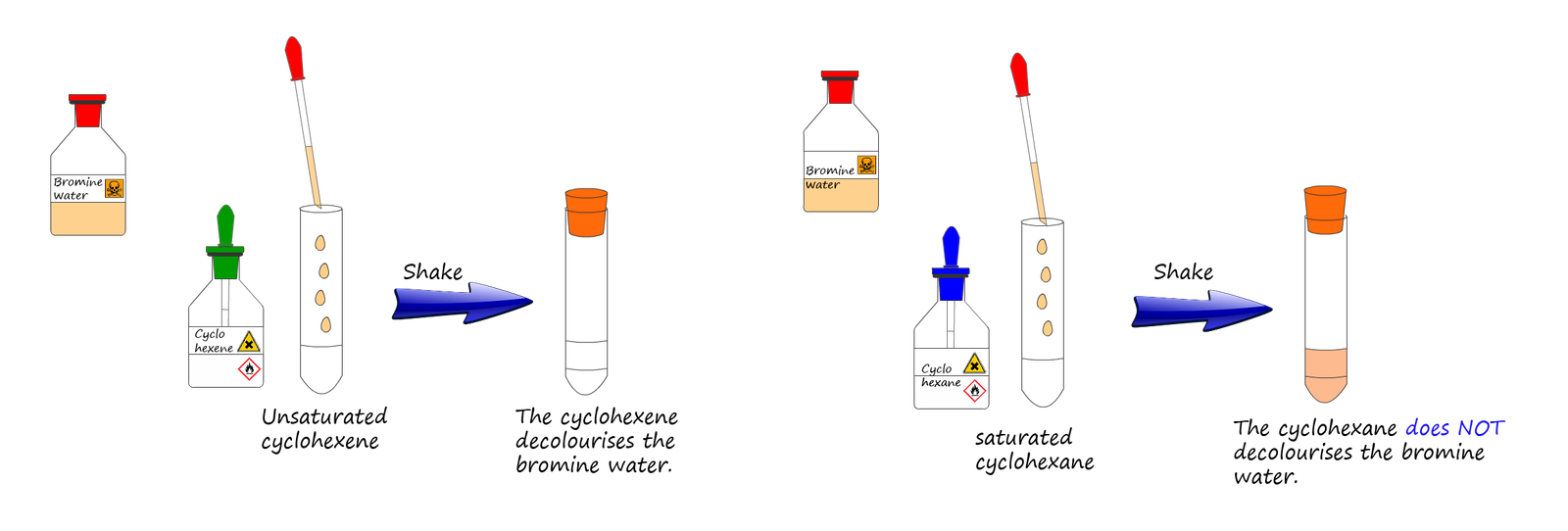 Results of  testing cyclohexane and cyclohexane with bromine water, diagram and explanation of the results.