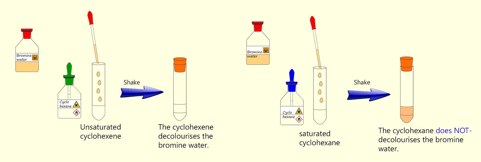 Image to show the results of adding bromine water to a saturated and unsaturated molecule of cyclohexane and cyclohexene