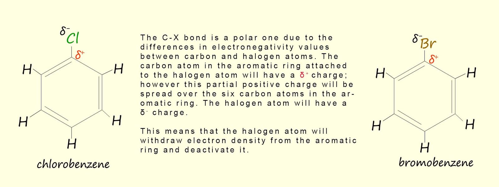 Explanation of how differences in the electronegativity between carbon and halogen atoms can deactivate an aromatic ring.
