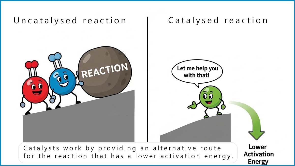 Catalysts work by providing an alternative route for the reaction that has a lower activation energy