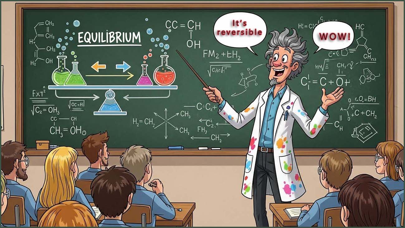 Cartoon style image of showing a chemistry teacher giving a lesson on reversible reactions.