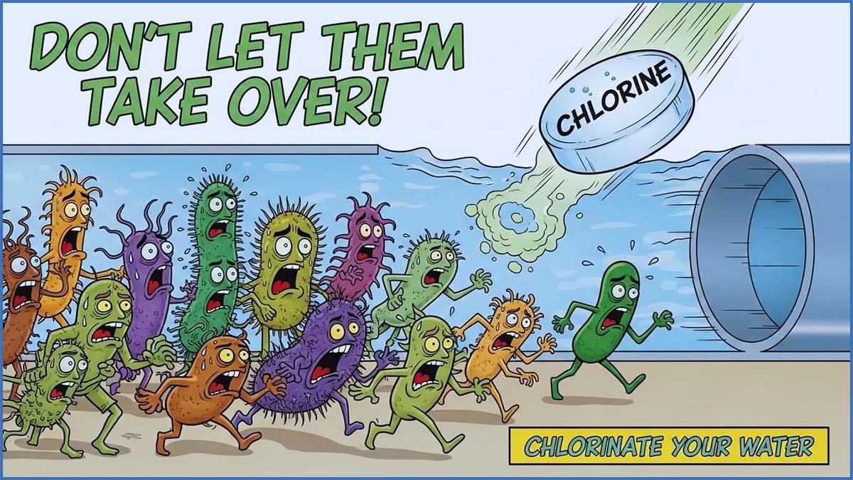 Cartoon bacteria running from chlorine in a pipe