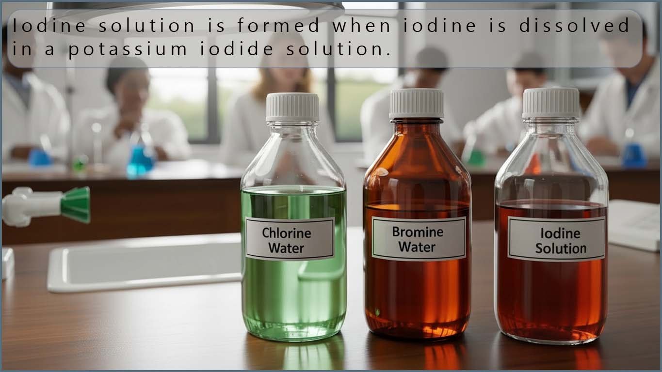 Bottles of chlorine and bromine water and iodine solution.