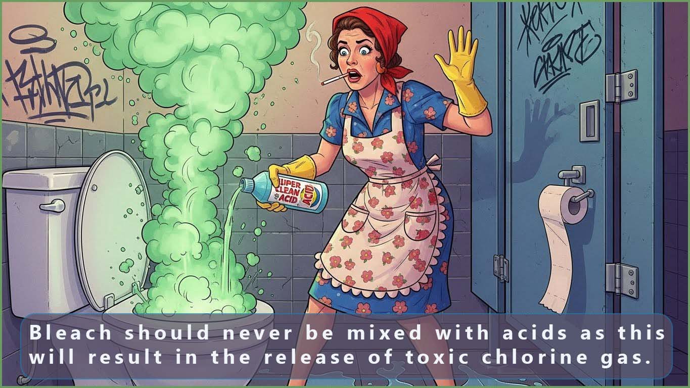 Mixing acid with bleach in a toilet releasing green gas