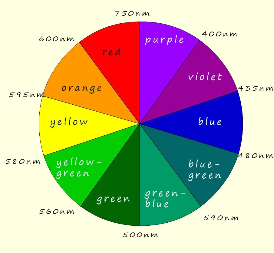 A colour wheel showing the colours of the visible spectrum and their corresponding wavelnegths