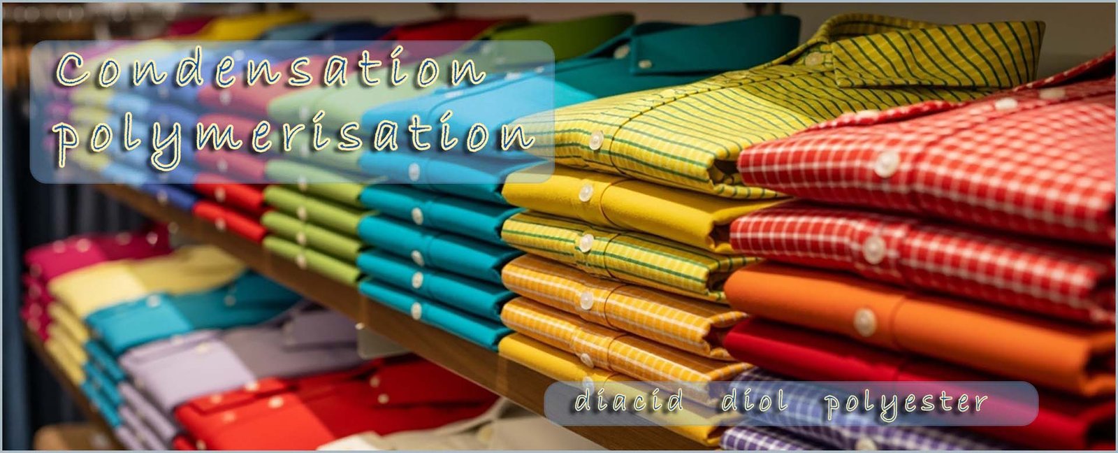 Header image- condensation polymerisation quiz- polyester shirts on display