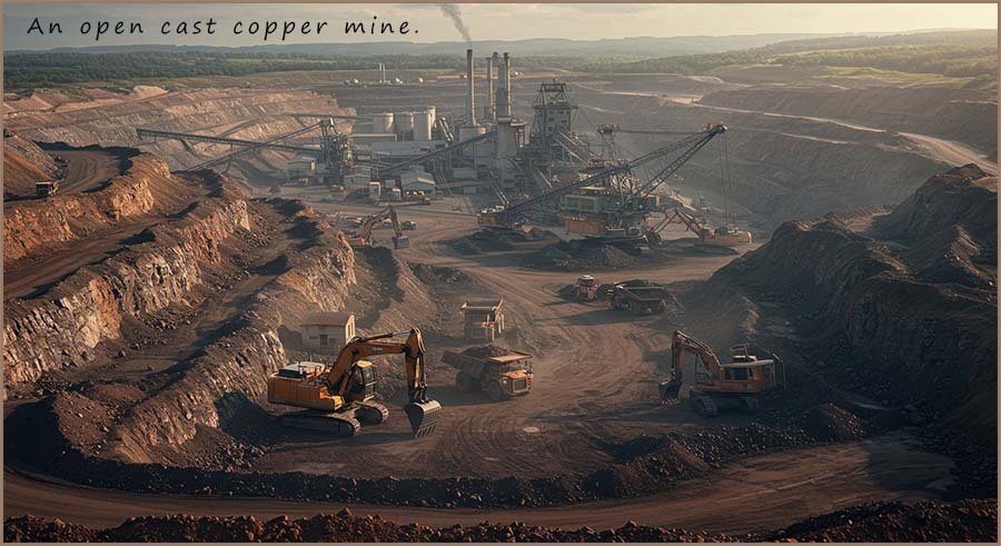Image of an open cast copper mine.  Large amounts of environmental damage is done when mining for metals.