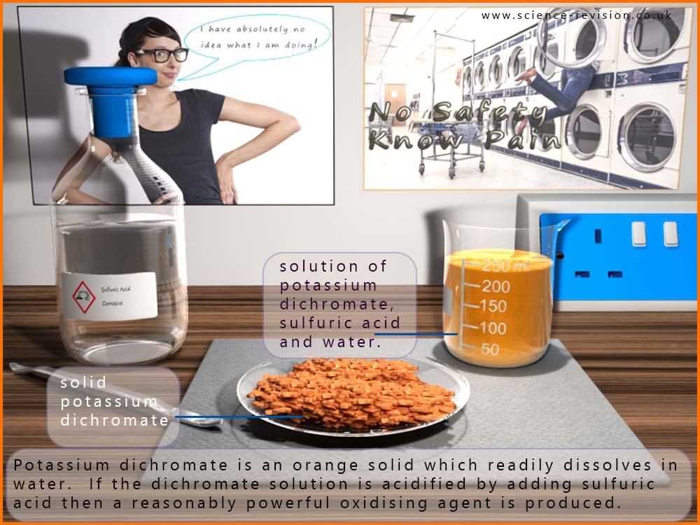 Acidified potassium dichromate is an excellent oxidising agent. Potassium dichromate is a toxic bright orange solid.