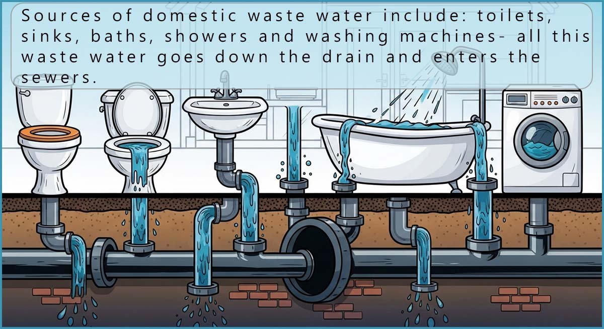 Image shows sources of domestic foul water which enter the drains and sewers.