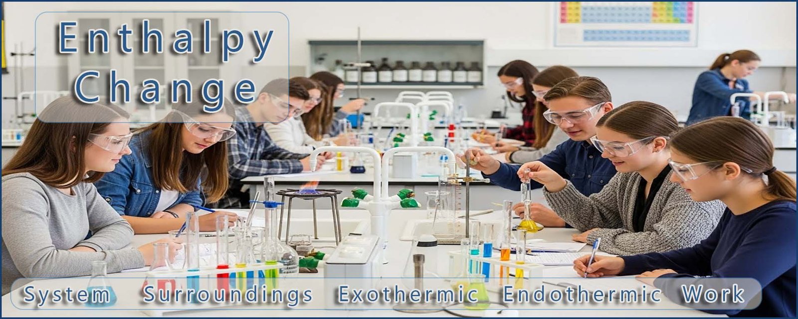 Enthalpy change header image: students working on a practical in the lab