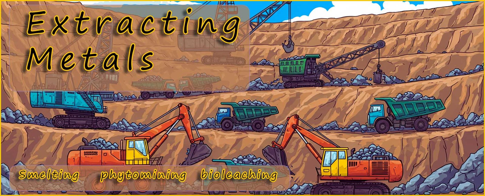 Header image extracting metals, diggers and trucks remving metals ores from an open cast mine