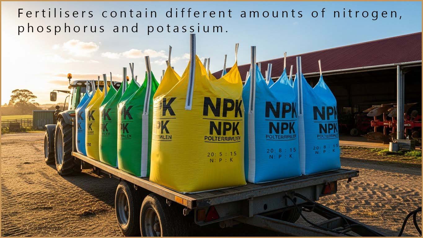 Bags of NPK fertiliser with different amounts of N:P:K present in each fertiliser bag.