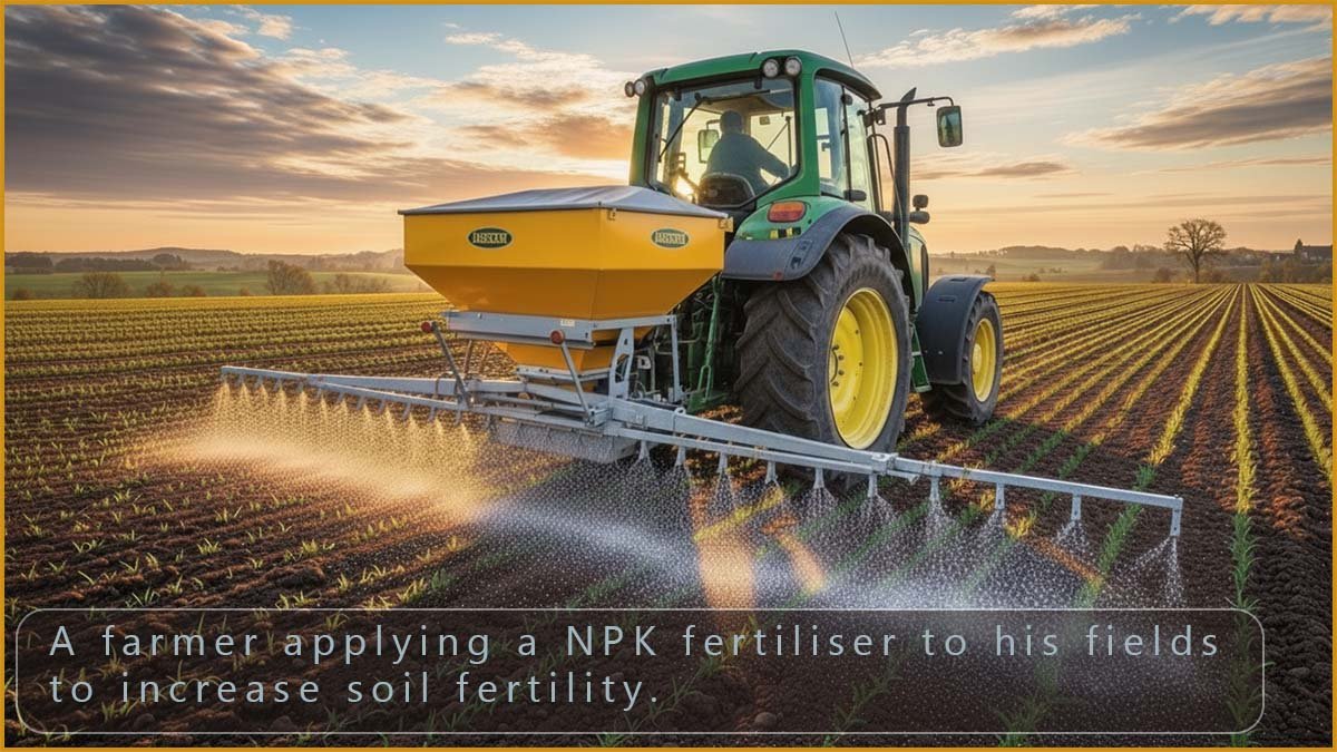 Farmer applying fertiliser to his fields using a tractor.