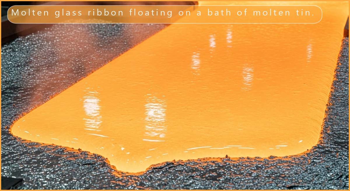 Continuous ribbon of glass moving through the float-glass line.
