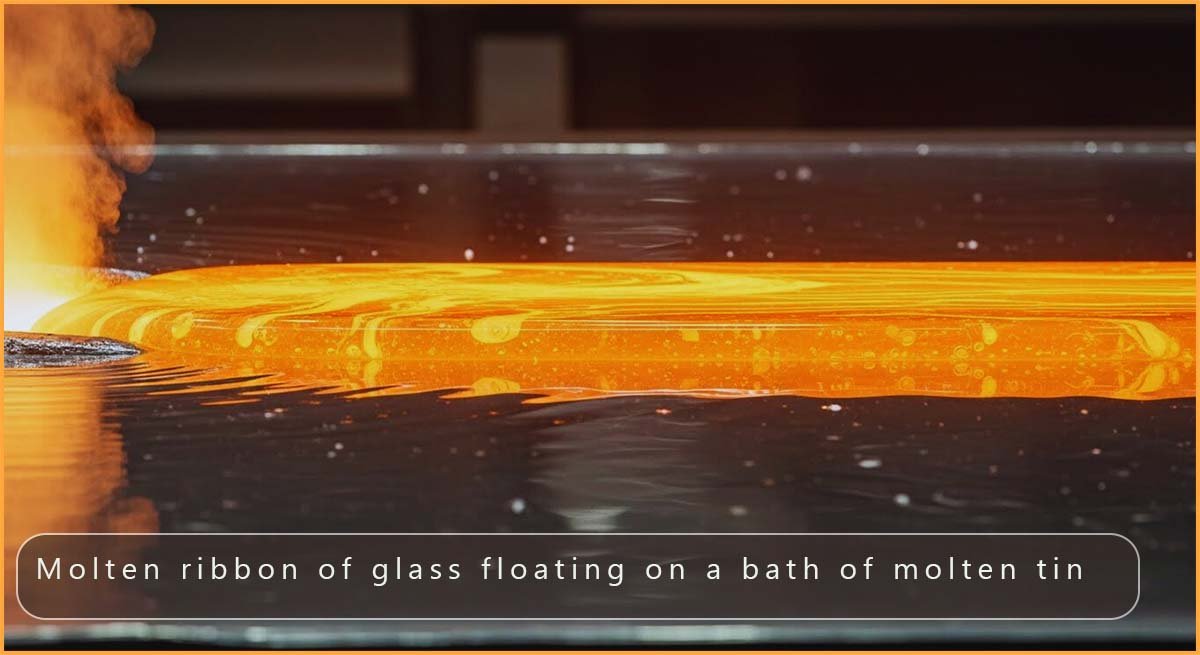 Molten glass floating on a bath of molten tin.