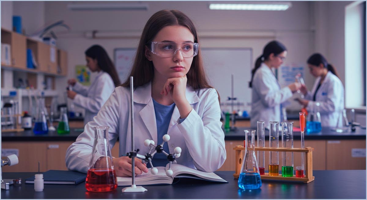 Student revising chemistry with notebook and molecular model