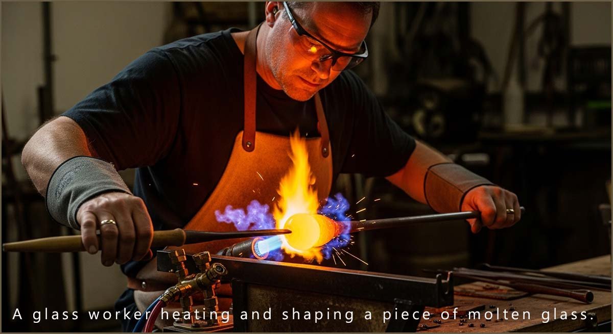 A glass worker shaping a piece of molten glass.