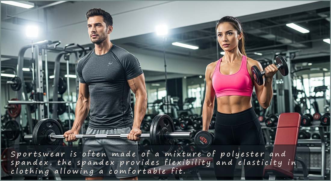Image to show people working out in the gym, the sportwear often contains a mixture of polyester and spandex or elastane for flexibility and elasticity.
