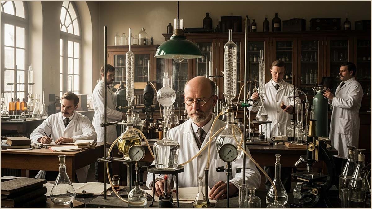 Fritz Haber and colleagues working in an early 1900s laboratory.