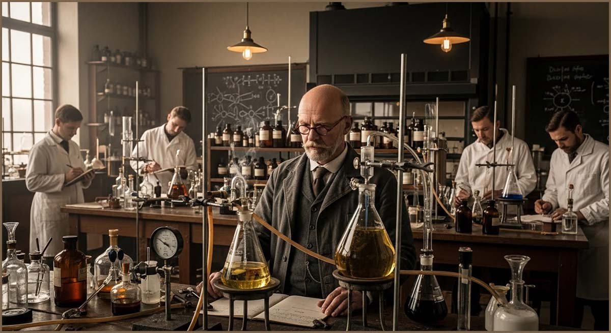 Chemists in an early industrial laboratory working with glassware and gas lines.
