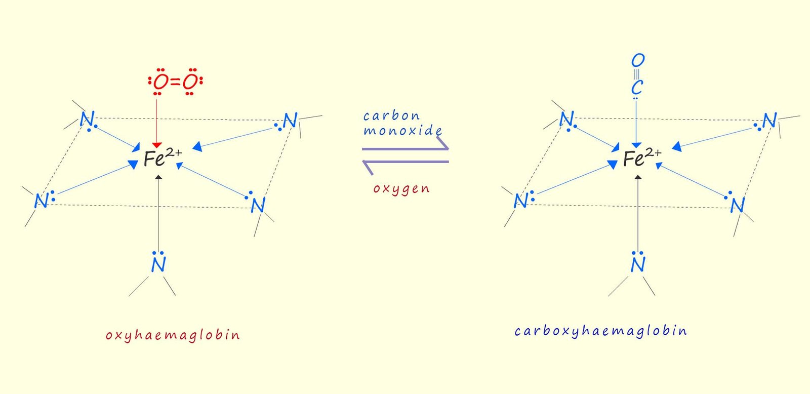 Image to show how oxyhaemaglobin changes to carboxyhaemoglobin