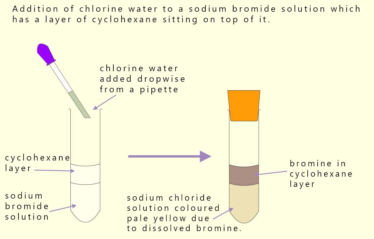 A halogen displacement reaction. Chlorine will displace bromide ions from a sodium bromide solution.