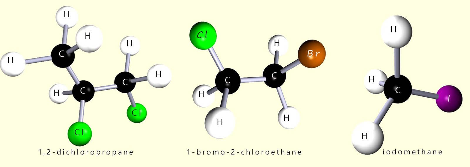 Examples of disubstituted halogenalkane molecules.  3d model and formula all given.