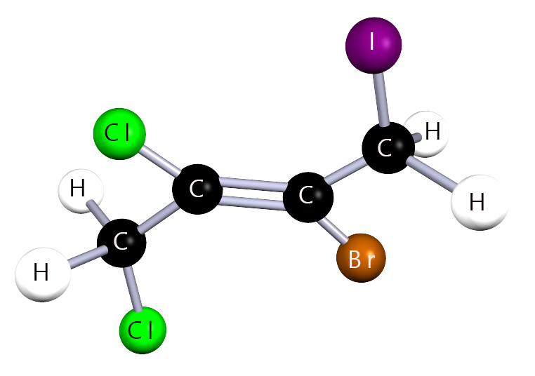 3D model of a substituted halogenalkane containing multiple halogen substituents.