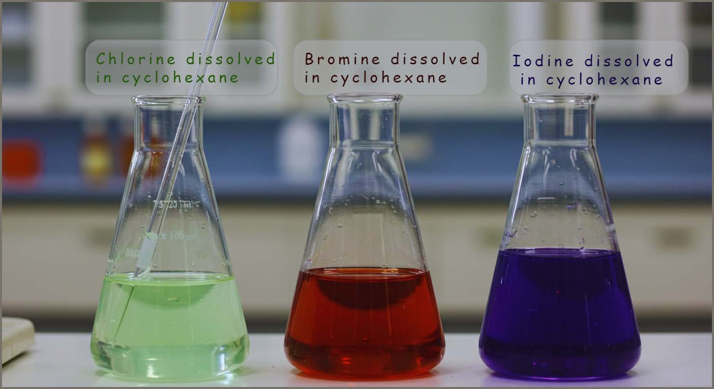 Image shows chlorine water, bromine water and iodine solution in bottles sitting on the bench in the chemistry lab.