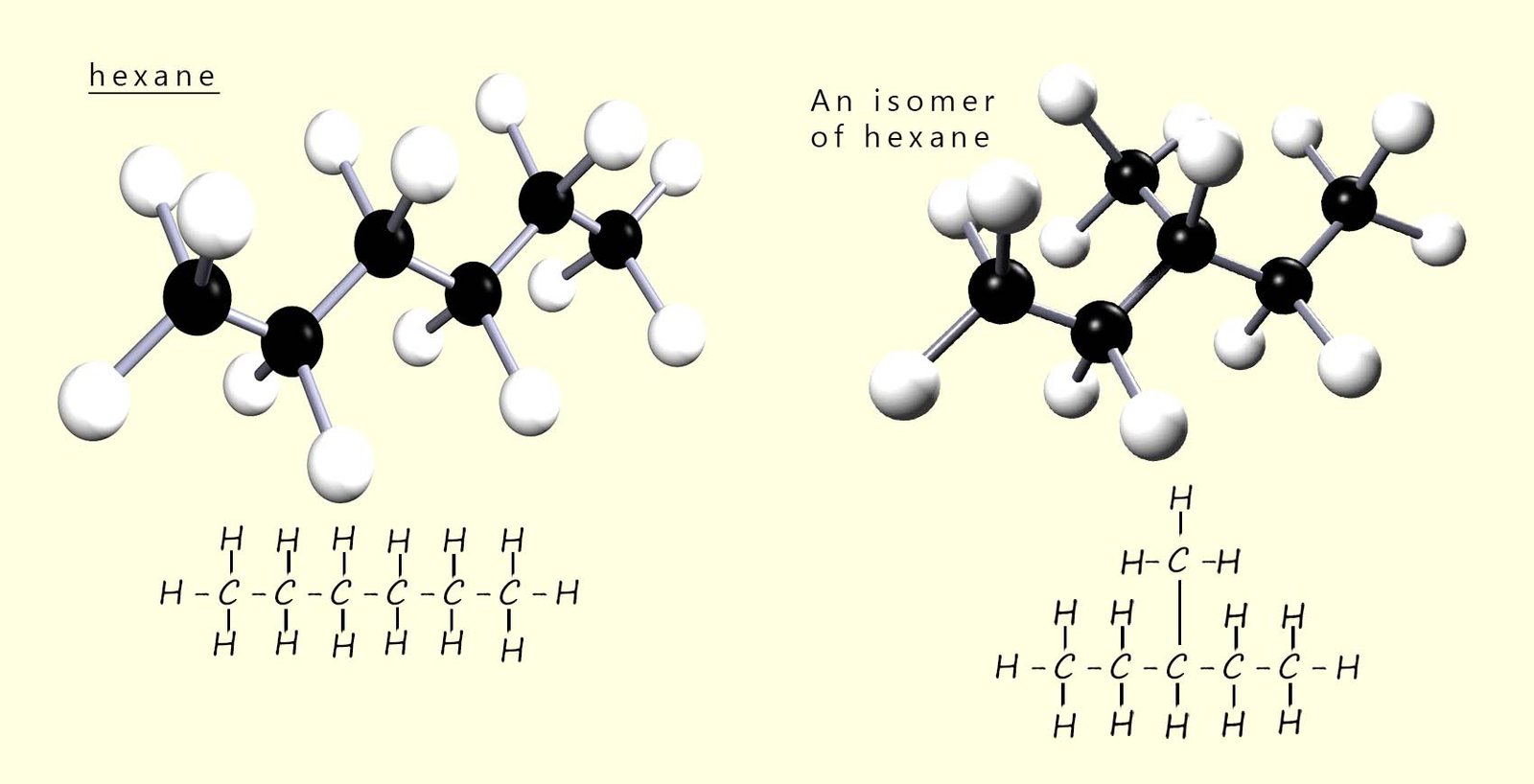 3D models showing two structural isomers of hexane.