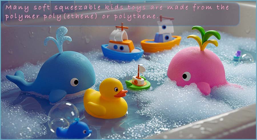 Many kids bath toys are made from the soft squeezable polymer polthene, examples are wahles, boars and ducks