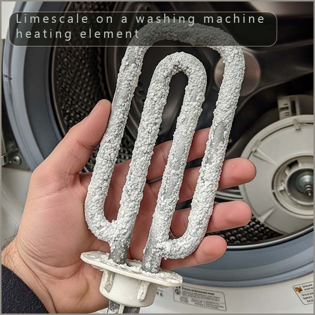 Washing machine heating element covered in limescale.