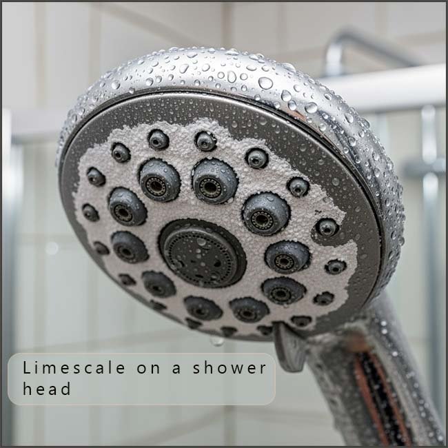 Shower head covered in limescale.