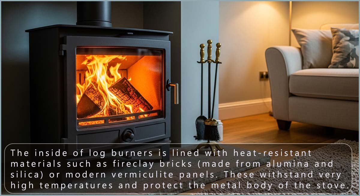 Ceramic blocks inside a log burner act as insulation.