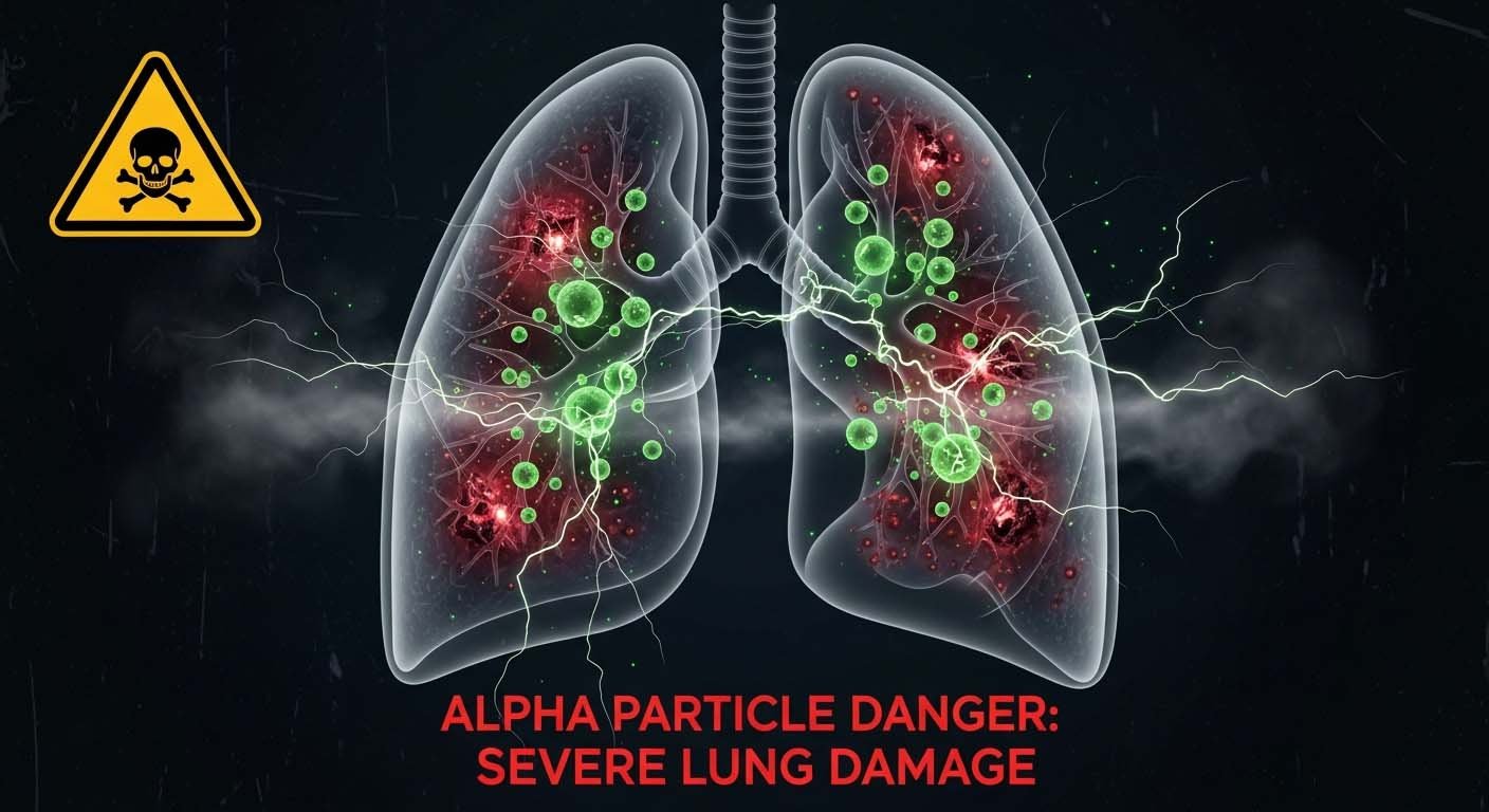 Alpha particles damaging lung tissue