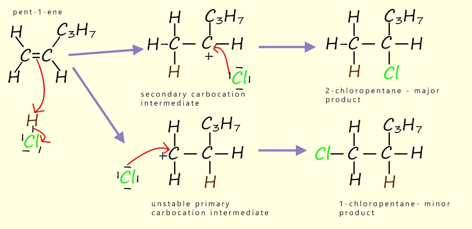 Example of how to use Markovnikov's rule to predict the products of an electrophilic addition reaction.