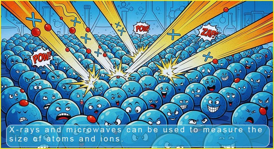 Info graphic explaining that x-rays and microwaves are used to measur ethe size of atoms and ions.