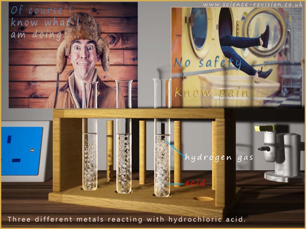 Metals and acids react to produce a salt and hydrogen gas.