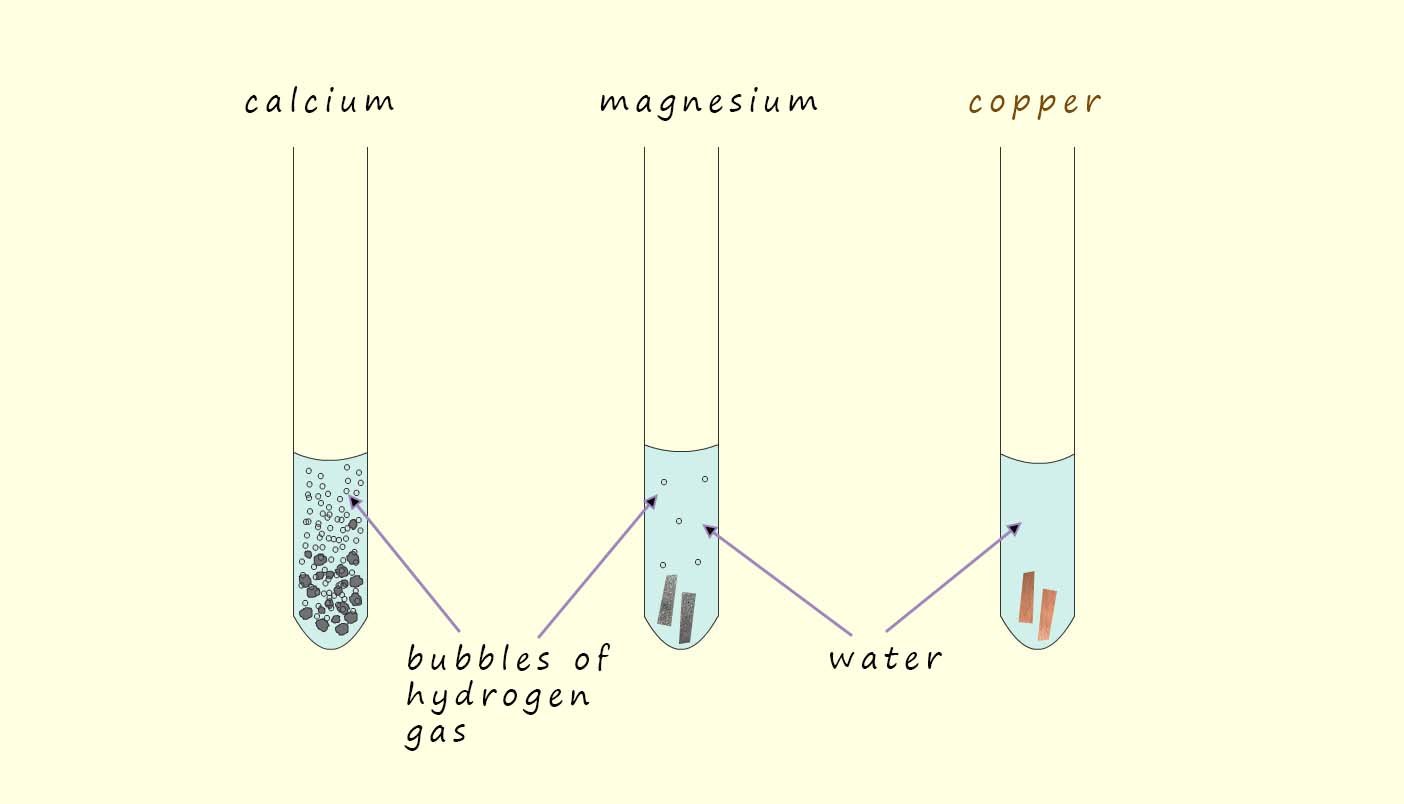 Image shows the reaction of the metals calcium,  magnesium and copper with water.